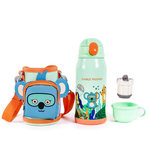 MILK&MOO Stahl-Kindertrinkflasche mit Tasche Jungle Friends