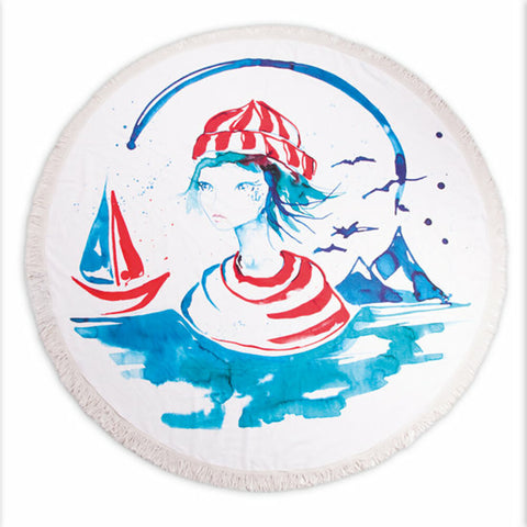 Anemoss Marine Collection Sailor Girl Round Beach Towel, White-Blue