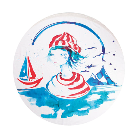 Anemoss Marine Collection Sailor Girl Round Beach Towel, White-Blue