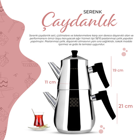 Serenk Definition Turkish Teapot Set, Caydanlik, Black