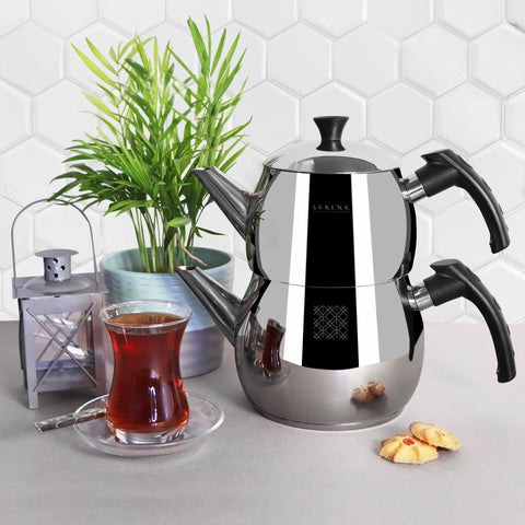 Serenk Modernist Turkish Teapot Set, Caydanlik, Black