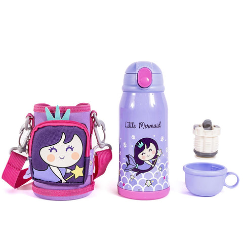 MILK&MOO Stahl-Kindertrinkflasche mit Tasche Meerjungfrau 550 ml